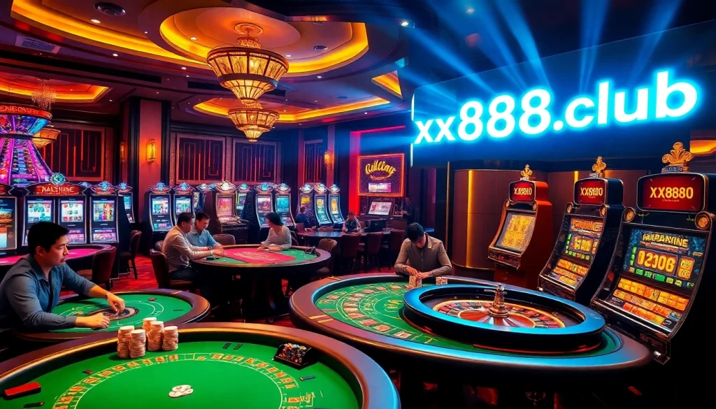 Experience the thrill of gambling at xx888.club with vibrant casino tables and exciting slot machines.
