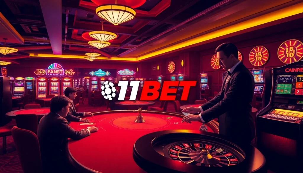 Experience the thrilling essence of 11BET with players engaged in poker games amid vibrant casino lights.